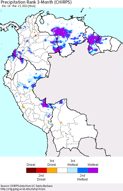 Northern South America Precipitation Rank 3-Month (CHIRPS) Thematic Map For 12/16/2020 - 3/15/2021