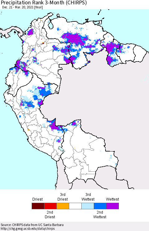 Northern South America Precipitation Rank 3-Month (CHIRPS) Thematic Map For 12/21/2020 - 3/20/2021