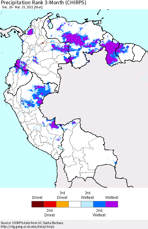 Northern South America Precipitation Rank 3-Month (CHIRPS) Thematic Map For 12/26/2020 - 3/25/2021