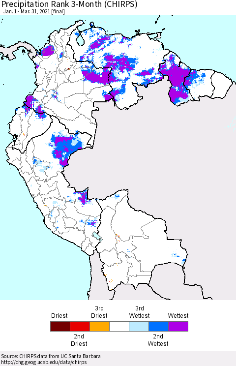 Northern South America Precipitation Rank 3-Month (CHIRPS) Thematic Map For 1/1/2021 - 3/31/2021