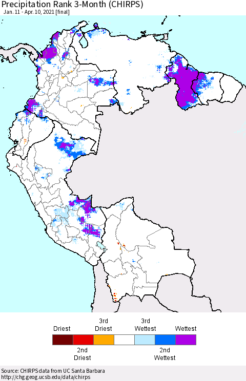 Northern South America Precipitation Rank 3-Month (CHIRPS) Thematic Map For 1/11/2021 - 4/10/2021