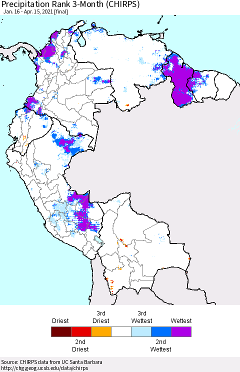 Northern South America Precipitation Rank 3-Month (CHIRPS) Thematic Map For 1/16/2021 - 4/15/2021