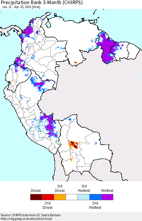 Northern South America Precipitation Rank 3-Month (CHIRPS) Thematic Map For 1/21/2021 - 4/20/2021
