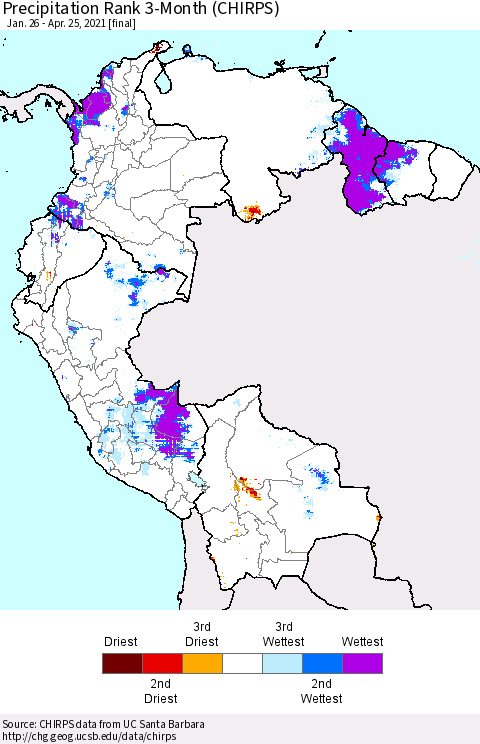 Northern South America Precipitation Rank since 1981, 3-Month (CHIRPS) Thematic Map For 1/26/2021 - 4/25/2021