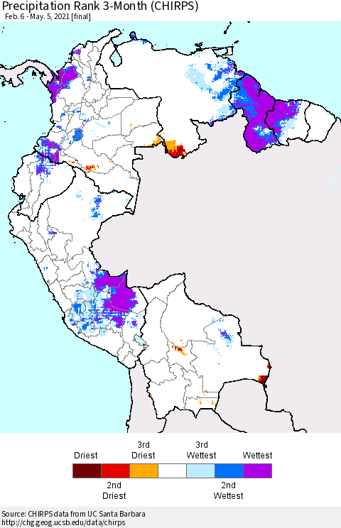 Northern South America Precipitation Rank since 1981, 3-Month (CHIRPS) Thematic Map For 2/6/2021 - 5/5/2021