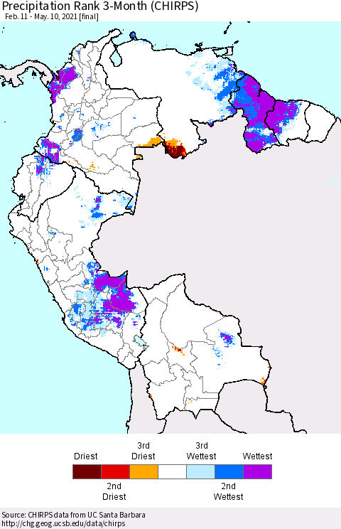 Northern South America Precipitation Rank 3-Month (CHIRPS) Thematic Map For 2/11/2021 - 5/10/2021