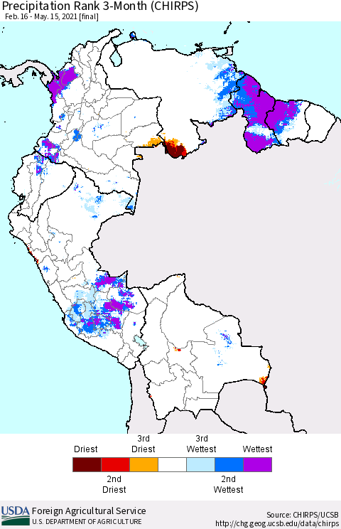 Northern South America Precipitation Rank since 1981, 3-Month (CHIRPS) Thematic Map For 2/16/2021 - 5/15/2021