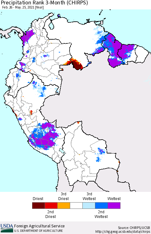 Northern South America Precipitation Rank since 1981, 3-Month (CHIRPS) Thematic Map For 2/26/2021 - 5/25/2021