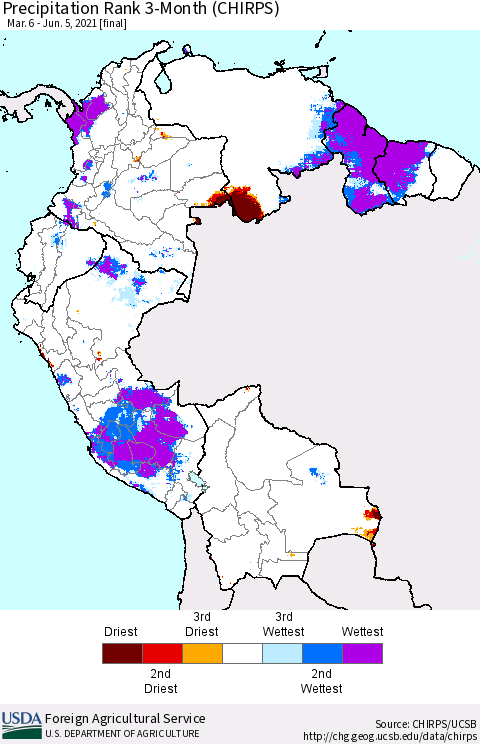 Northern South America Precipitation Rank since 1981, 3-Month (CHIRPS) Thematic Map For 3/6/2021 - 6/5/2021