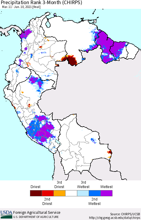 Northern South America Precipitation Rank 3-Month (CHIRPS) Thematic Map For 3/11/2021 - 6/10/2021