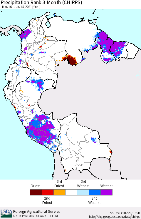 Northern South America Precipitation Rank 3-Month (CHIRPS) Thematic Map For 3/16/2021 - 6/15/2021