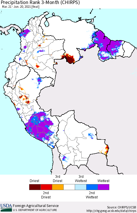 Northern South America Precipitation Rank since 1981, 3-Month (CHIRPS) Thematic Map For 3/21/2021 - 6/20/2021