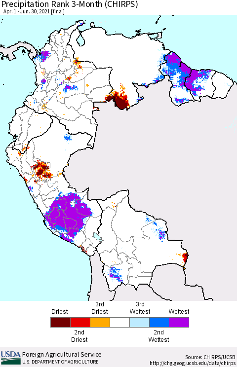Northern South America Precipitation Rank 3-Month (CHIRPS) Thematic Map For 4/1/2021 - 6/30/2021