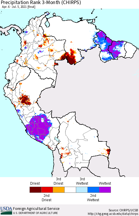 Northern South America Precipitation Rank 3-Month (CHIRPS) Thematic Map For 4/6/2021 - 7/5/2021