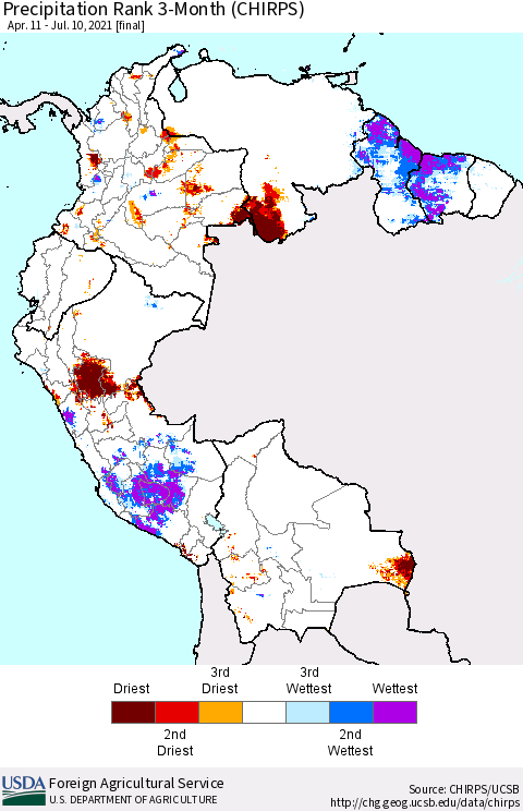 Northern South America Precipitation Rank 3-Month (CHIRPS) Thematic Map For 4/11/2021 - 7/10/2021