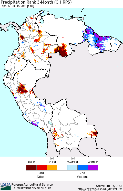 Northern South America Precipitation Rank 3-Month (CHIRPS) Thematic Map For 4/16/2021 - 7/15/2021