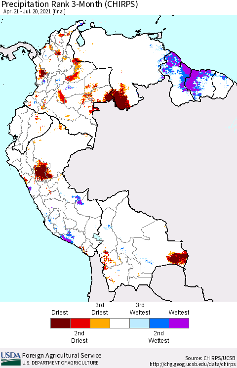 Northern South America Precipitation Rank 3-Month (CHIRPS) Thematic Map For 4/21/2021 - 7/20/2021