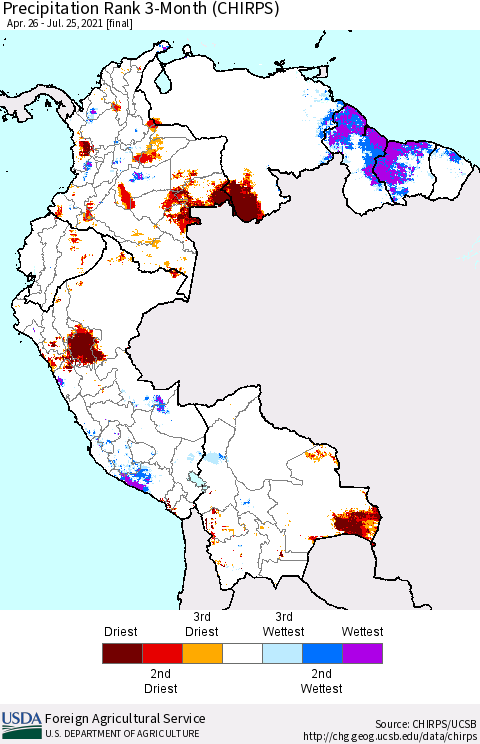 Northern South America Precipitation Rank 3-Month (CHIRPS) Thematic Map For 4/26/2021 - 7/25/2021