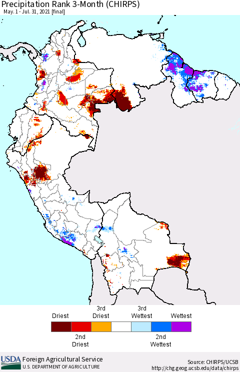 Northern South America Precipitation Rank 3-Month (CHIRPS) Thematic Map For 5/1/2021 - 7/31/2021