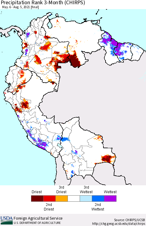 Northern South America Precipitation Rank since 1981, 3-Month (CHIRPS) Thematic Map For 5/6/2021 - 8/5/2021