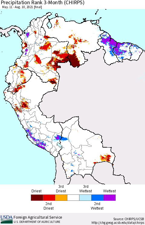Northern South America Precipitation Rank since 1981, 3-Month (CHIRPS) Thematic Map For 5/11/2021 - 8/10/2021