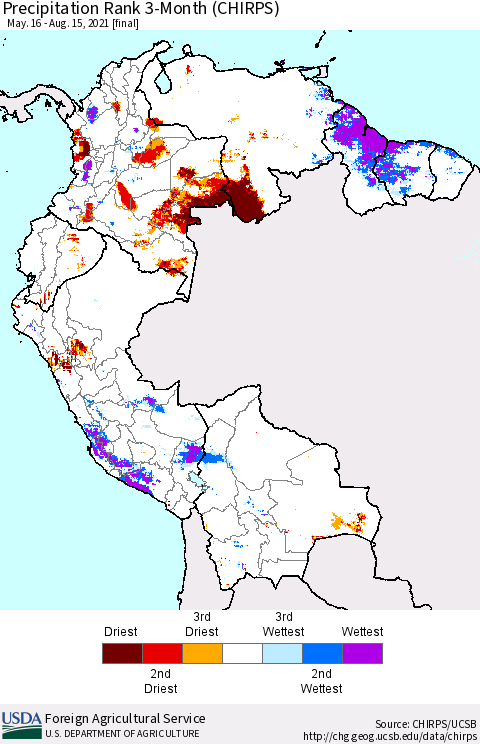 Northern South America Precipitation Rank since 1981, 3-Month (CHIRPS) Thematic Map For 5/16/2021 - 8/15/2021