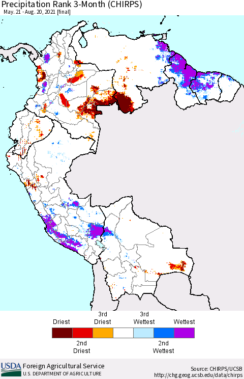 Northern South America Precipitation Rank 3-Month (CHIRPS) Thematic Map For 5/21/2021 - 8/20/2021