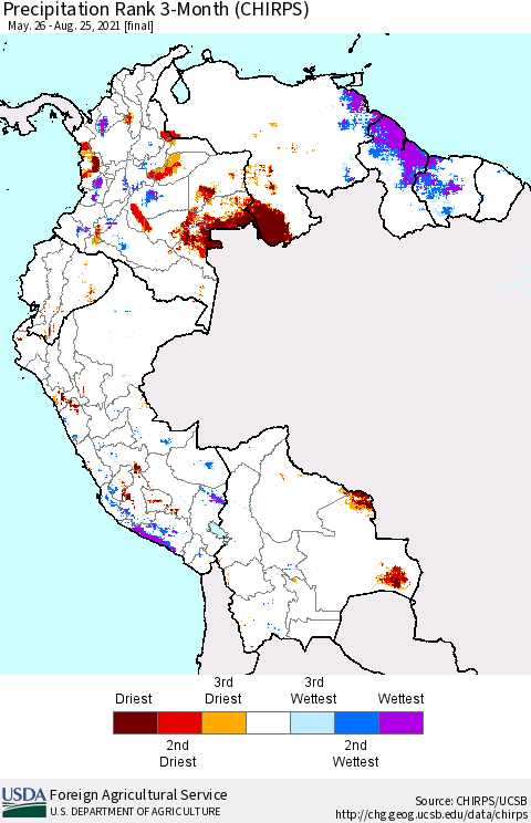 Northern South America Precipitation Rank 3-Month (CHIRPS) Thematic Map For 5/26/2021 - 8/25/2021