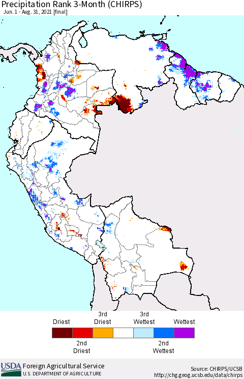 Northern South America Precipitation Rank 3-Month (CHIRPS) Thematic Map For 6/1/2021 - 8/31/2021