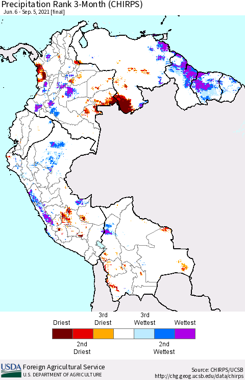 Northern South America Precipitation Rank since 1981, 3-Month (CHIRPS) Thematic Map For 6/6/2021 - 9/5/2021