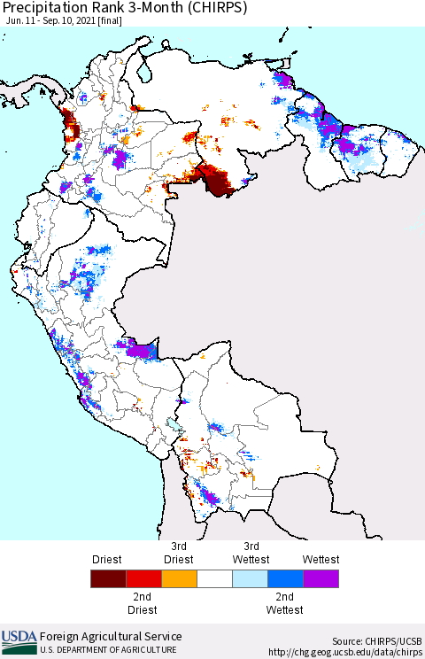 Northern South America Precipitation Rank 3-Month (CHIRPS) Thematic Map For 6/11/2021 - 9/10/2021