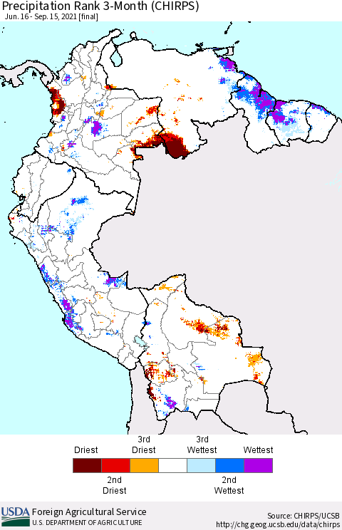 Northern South America Precipitation Rank 3-Month (CHIRPS) Thematic Map For 6/16/2021 - 9/15/2021