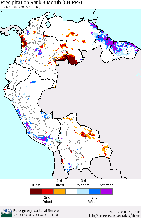 Northern South America Precipitation Rank since 1981, 3-Month (CHIRPS) Thematic Map For 6/21/2021 - 9/20/2021