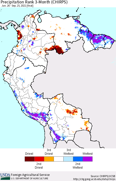 Northern South America Precipitation Rank 3-Month (CHIRPS) Thematic Map For 6/26/2021 - 9/25/2021