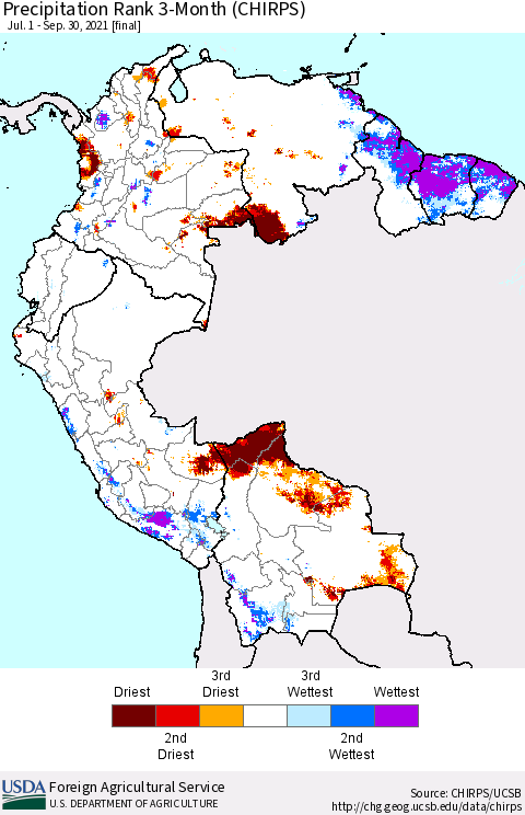 Northern South America Precipitation Rank since 1981, 3-Month (CHIRPS) Thematic Map For 7/1/2021 - 9/30/2021