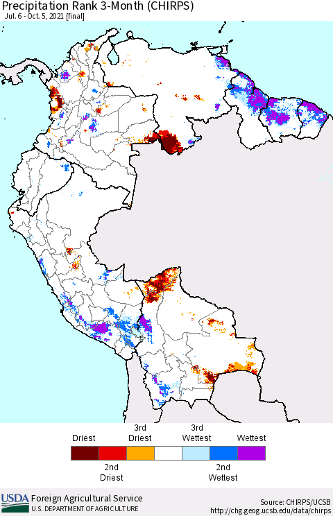 Northern South America Precipitation Rank 3-Month (CHIRPS) Thematic Map For 7/6/2021 - 10/5/2021