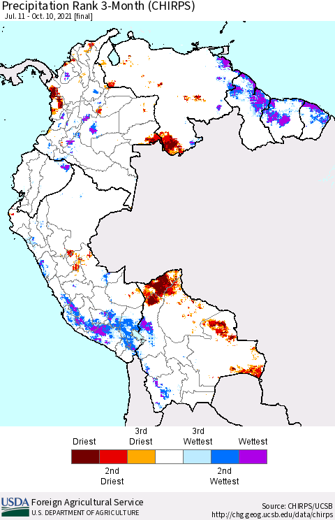 Northern South America Precipitation Rank since 1981, 3-Month (CHIRPS) Thematic Map For 7/11/2021 - 10/10/2021
