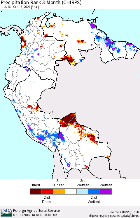 Northern South America Precipitation Rank 3-Month (CHIRPS) Thematic Map For 7/16/2021 - 10/15/2021