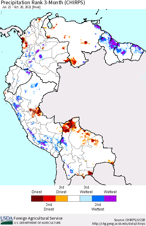 Northern South America Precipitation Rank 3-Month (CHIRPS) Thematic Map For 7/21/2021 - 10/20/2021