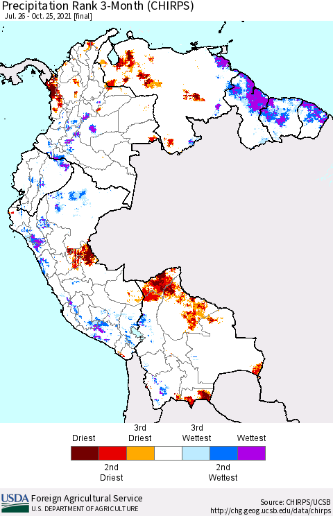 Northern South America Precipitation Rank since 1981, 3-Month (CHIRPS) Thematic Map For 7/26/2021 - 10/25/2021
