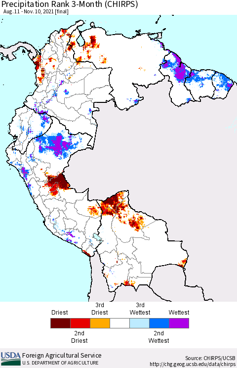 Northern South America Precipitation Rank 3-Month (CHIRPS) Thematic Map For 8/11/2021 - 11/10/2021