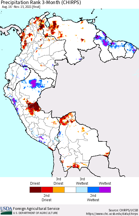 Northern South America Precipitation Rank 3-Month (CHIRPS) Thematic Map For 8/16/2021 - 11/15/2021