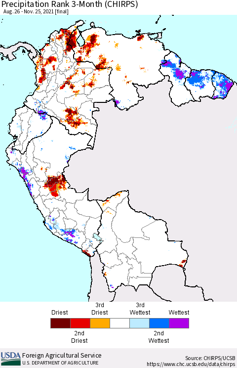 Northern South America Precipitation Rank 3-Month (CHIRPS) Thematic Map For 8/26/2021 - 11/25/2021