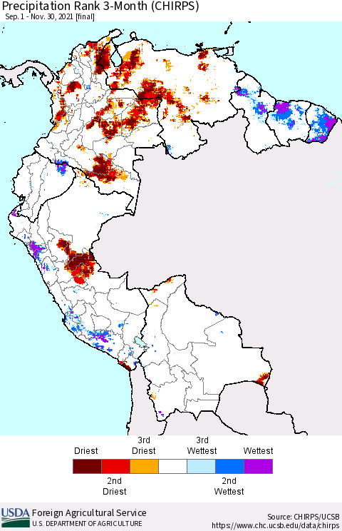 Northern South America Precipitation Rank 3-Month (CHIRPS) Thematic Map For 9/1/2021 - 11/30/2021