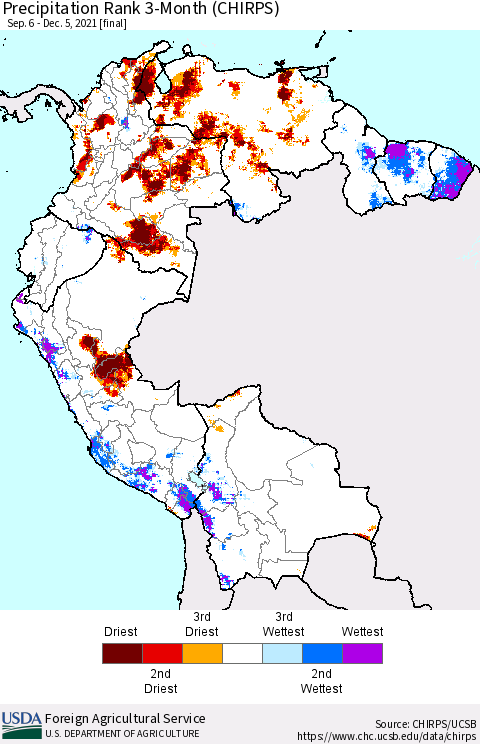 Northern South America Precipitation Rank 3-Month (CHIRPS) Thematic Map For 9/6/2021 - 12/5/2021