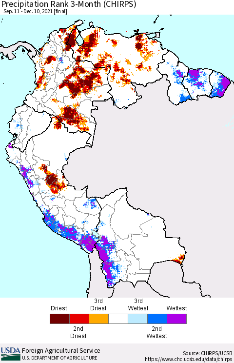Northern South America Precipitation Rank 3-Month (CHIRPS) Thematic Map For 9/11/2021 - 12/10/2021