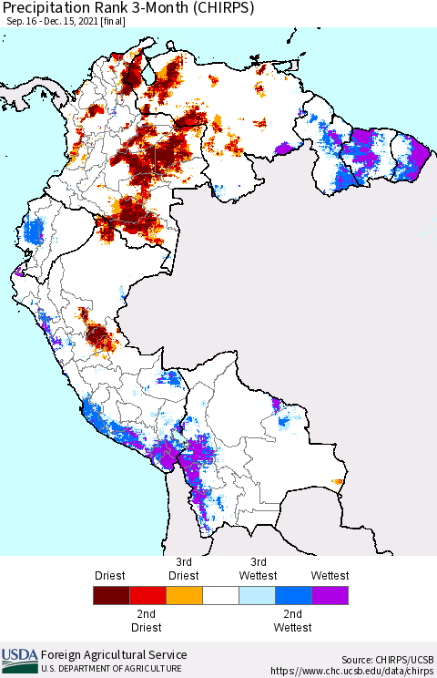 Northern South America Precipitation Rank 3-Month (CHIRPS) Thematic Map For 9/16/2021 - 12/15/2021
