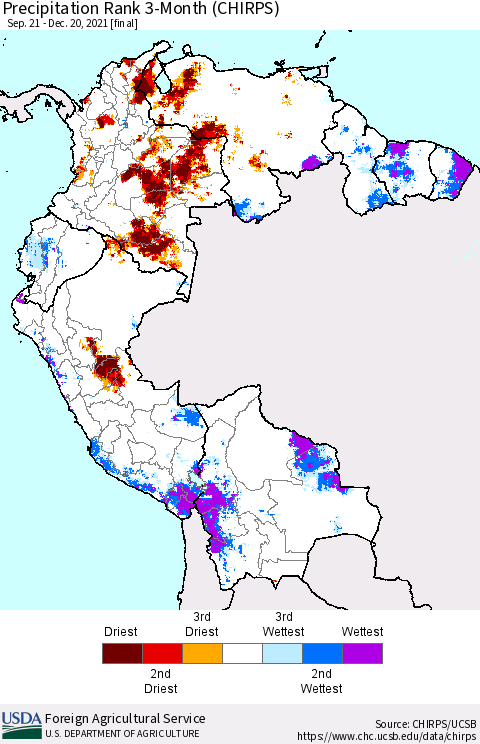 Northern South America Precipitation Rank 3-Month (CHIRPS) Thematic Map For 9/21/2021 - 12/20/2021