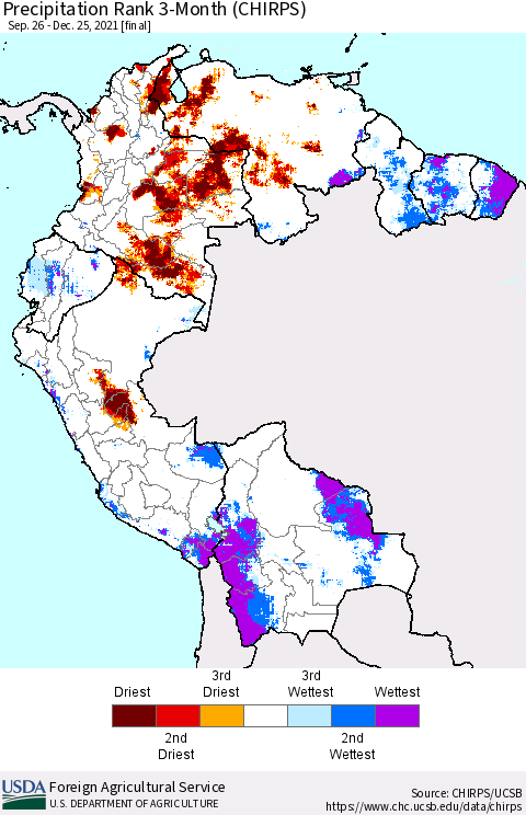 Northern South America Precipitation Rank 3-Month (CHIRPS) Thematic Map For 9/26/2021 - 12/25/2021