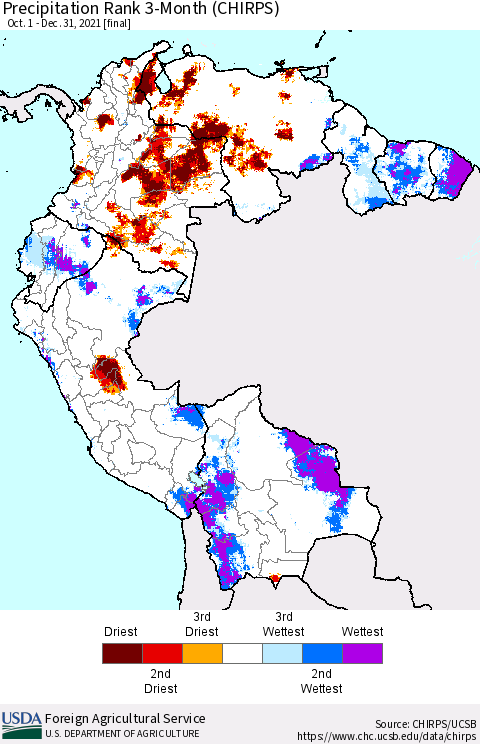 Northern South America Precipitation Rank 3-Month (CHIRPS) Thematic Map For 10/1/2021 - 12/31/2021
